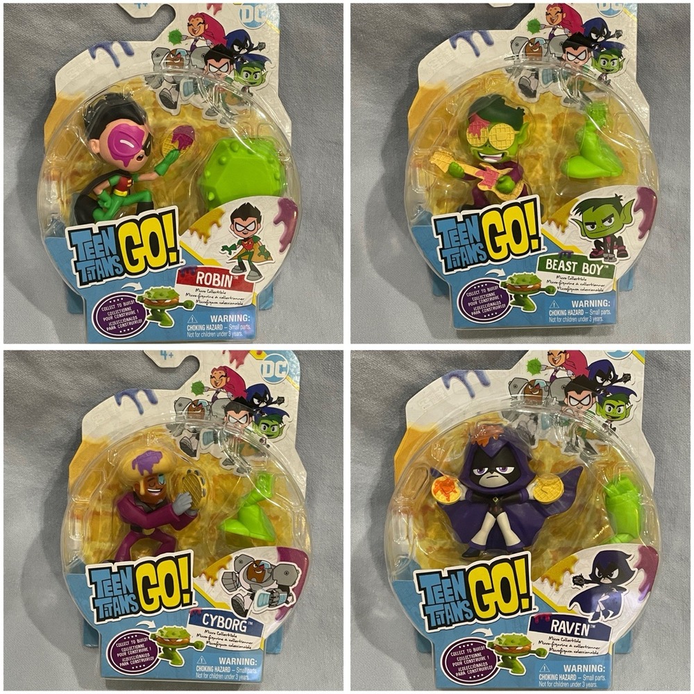 NEW Set of 4 Teen Titans Go! Micro Collectible Figures w/ Burger Robot Piece